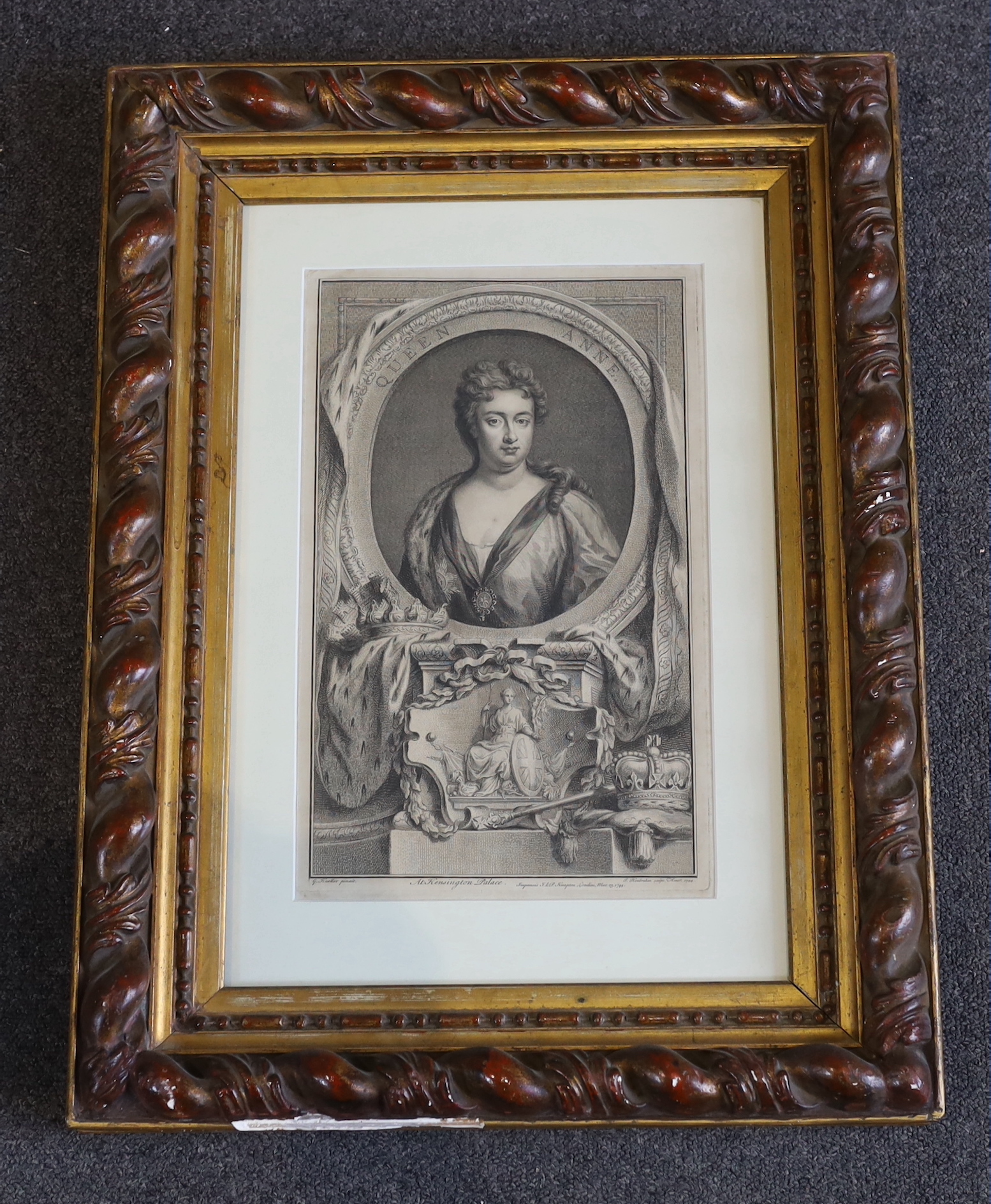 Jacobus Houbraken after Sir Godfrey Kneller, line engraving, 'Queen Anne', published 1744 in Portraits of Illustrious Persons, visible sheet 36 x 22.5cm, fine giltwood frame